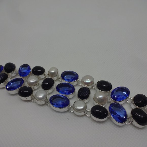 Stunning "SAPPHIRE, BLUE SUNSTONE & PEARL" Handmade Sterling Bracelet 7.5" #734 - Picture 3 of 3